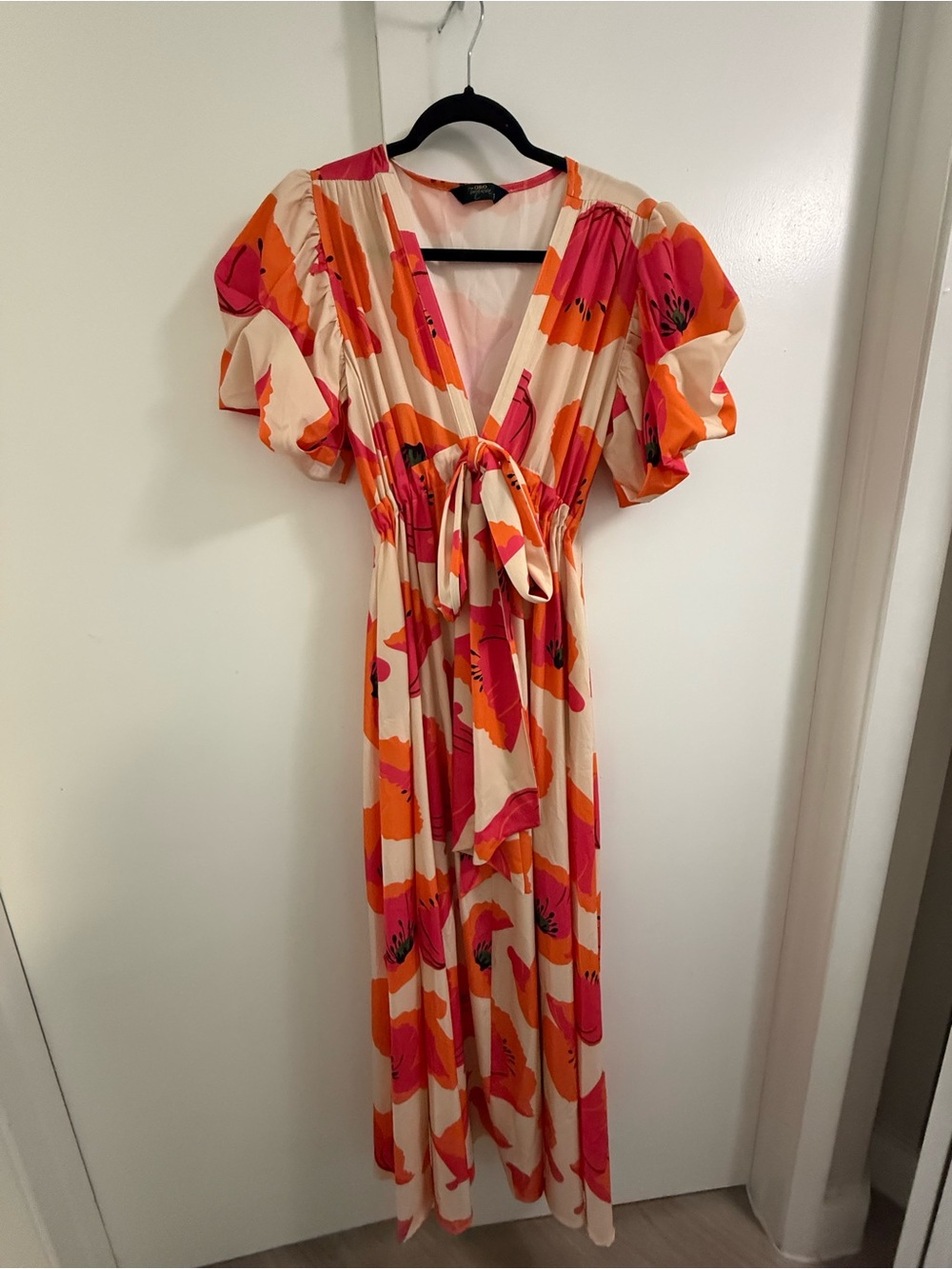 V-Neck Pink & Orange Floral Tie-Waist Maxi Dress